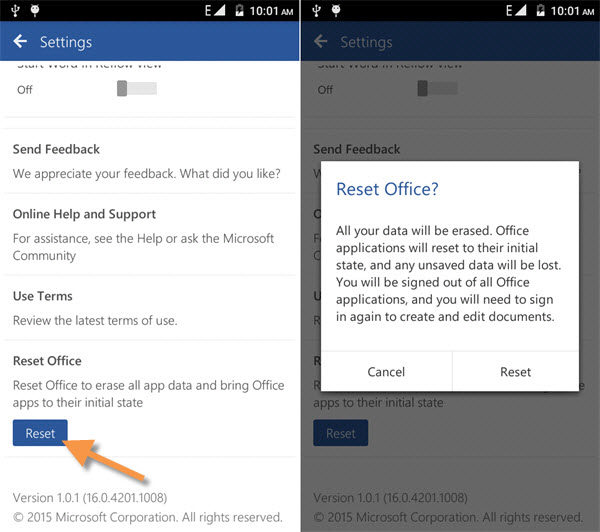 how to reset office on android