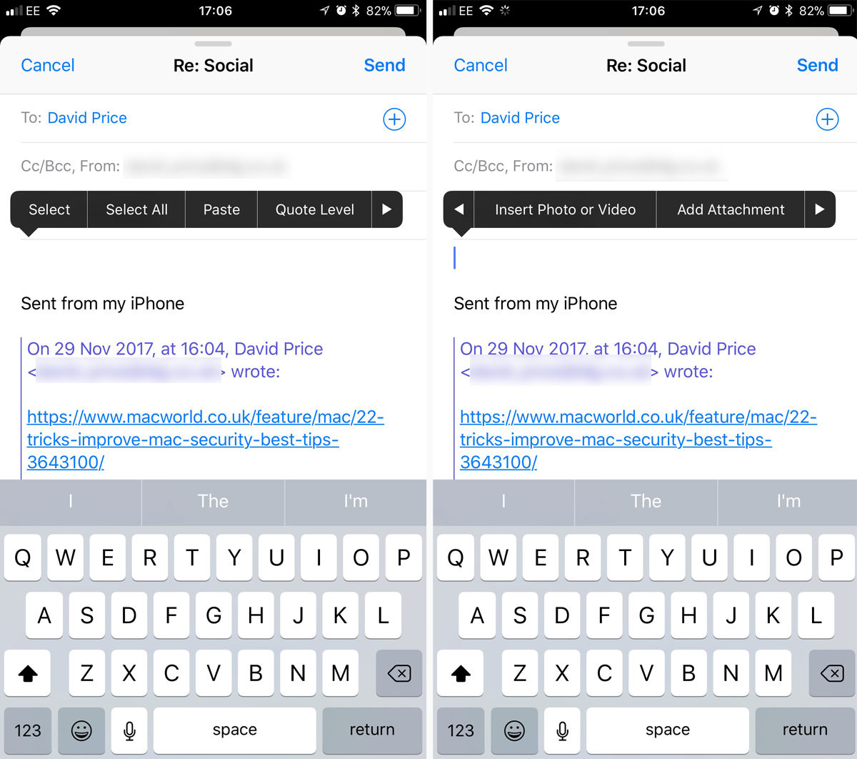 Add and send email attachments on iPhone: Ribbon menu