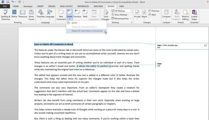 word for mac: delete comments on a word doc