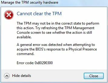 How to Fix "TPM fails with error code 0x80290300" Issue