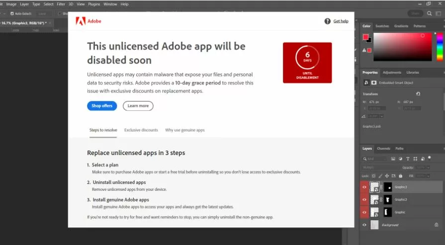 How to fix "This unlicensed Adobe app will be disable soon" issue