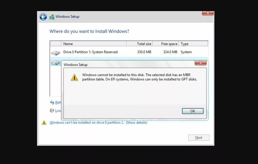 How to Fix 'The Selected Disk Has an MBR Partition Table' Error
